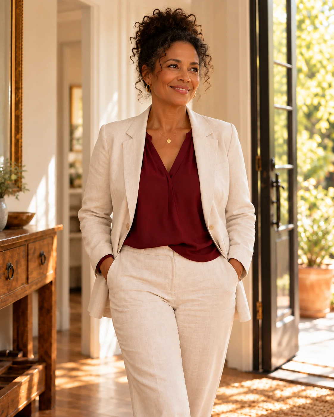 A smiling woman with curly hair in a cream linen jacket and burgundy blouse, standing with her hands in her pockets in a warm sunlit doorway.